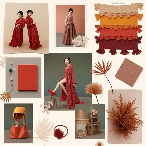 Moodboard showcasing Chic Threads MY brand aesthetic with fabric swatches, Malaysian cultural elements, and style inspirations.