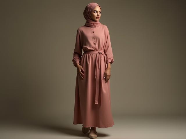 Woman in stylish modest wear, including a long tunic and headscarf.