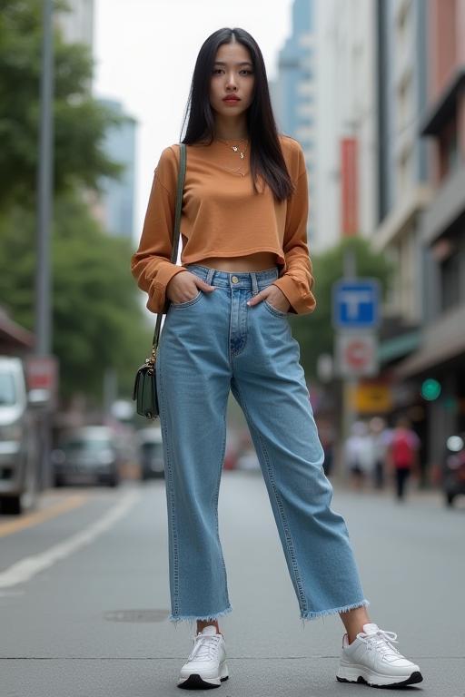 Model in casual city streetwear from Chic Threads MY, featuring jeans and a trendy top, posing in Kuala Lumpur.