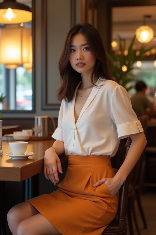 Stylish woman in a Chic Threads MY skirt and blouse at a trendy cafe in Penang.
