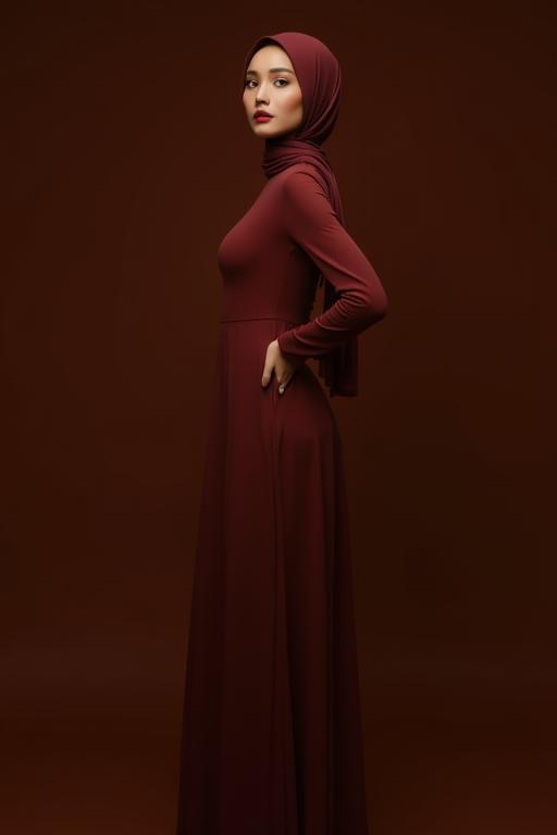 Elegant modest wear outfit featuring a long dress and matching hijab, suitable for an evening event.