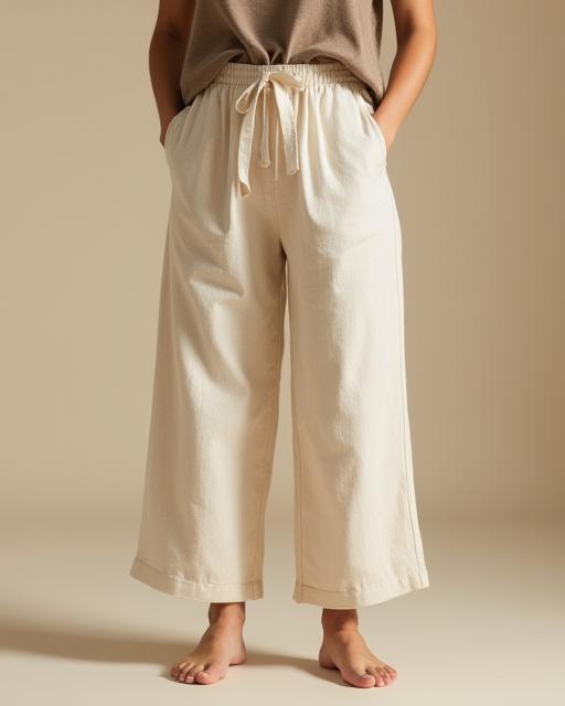 Comfortable casual linen culottes in a versatile beige color.