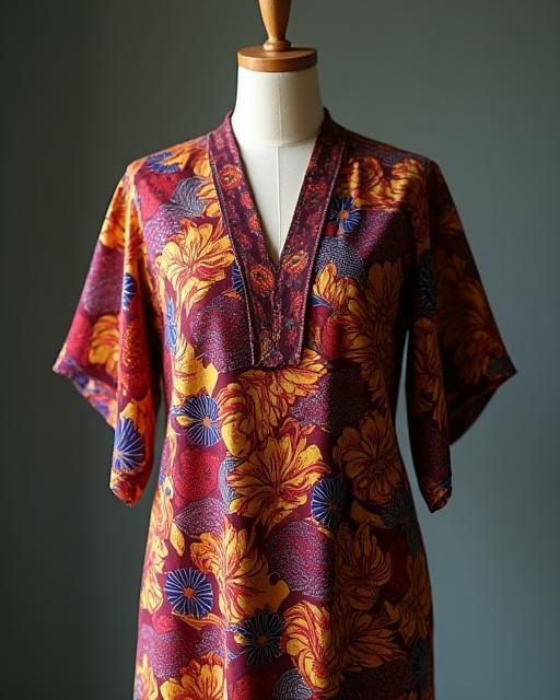 Woman wearing a modern batik print blouse with floral motifs.