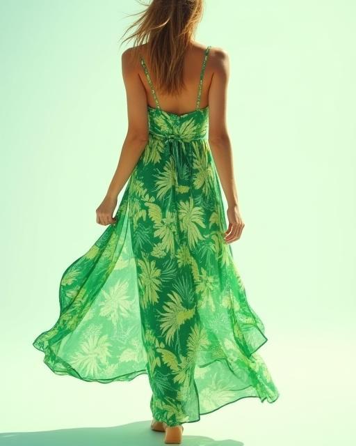 Flowing tropical print maxi dress in shades of green.